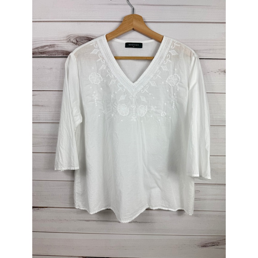 MXSTAZA White Embroidered V Neck 3/4 Sleeve Cotton Tunic Top Size 36‎ Womens M/L